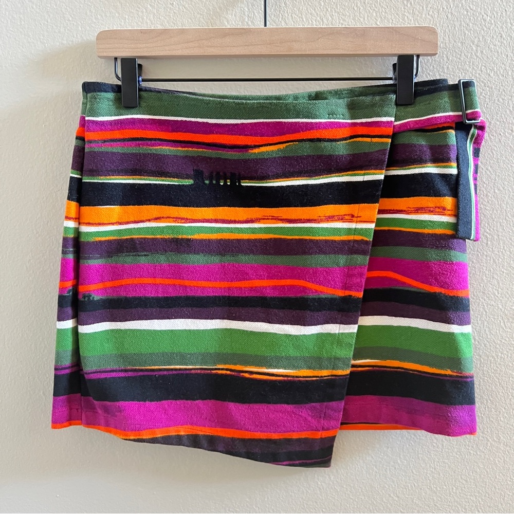 Kate Spade SATURDAY Buckle Over Mini Skirt Multicolor Striped Cotton Wrap Size 2